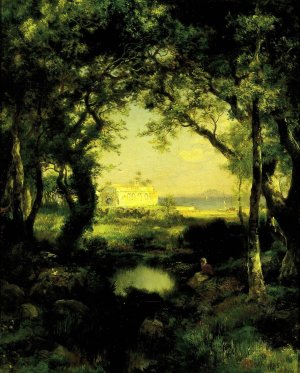 Main Product Photo of A Mexican Hacienda, Lake Cuitzeo Painting by Thomas Moran
