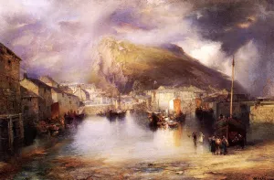 An English Fishing Village, Polperro, Cornwall by Thomas Moran Oil Painting Reproduction