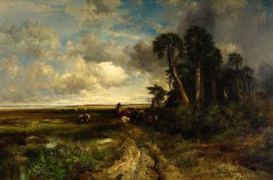 Main Product Photo of Bringing Home the Cattle - Coast of Florida Painting by Thomas Moran