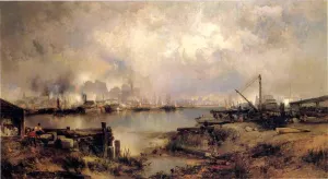 Lower Manhattan from Communipaw, New Jersey by Thomas Moran - Hand-Painted Oil Painting Reproduction