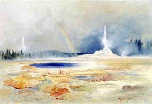 Main Product Photo of The Castle Geyser, Fire Hole Basin Painting by Thomas Moran