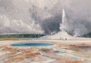 Main Product Photo of The Castle Geyser, Upper Geyser Basin, Yellowstone National Park Painting by Thomas Moran