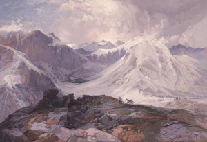 Main Product Photo of The Musquito Trail, Rocky Mountains of Colorado. Elevation 12,000 Feet Painting by Thomas Moran