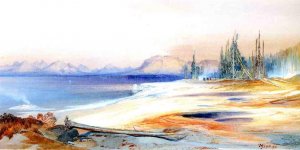 Main Product Photo of The Yellowstone Lake with Hot Springs Painting by Thomas Moran