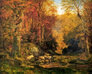Main Product Photo of Woodland Interior with Rocky Stream Painting by Thomas Moran